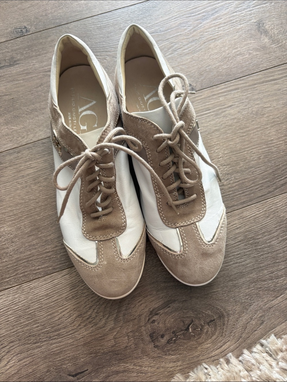 AGL White and Taupe Lace-Up Suede-Trim Sneakers